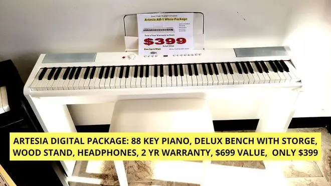 White Artesia AM1 digital piano package on a wood stand with a $399 sign; text: "Artesia digital package: 88-key piano, deluxe bench with storage, wood stand, headphones, 2-year warranty, $699 value, only $399"