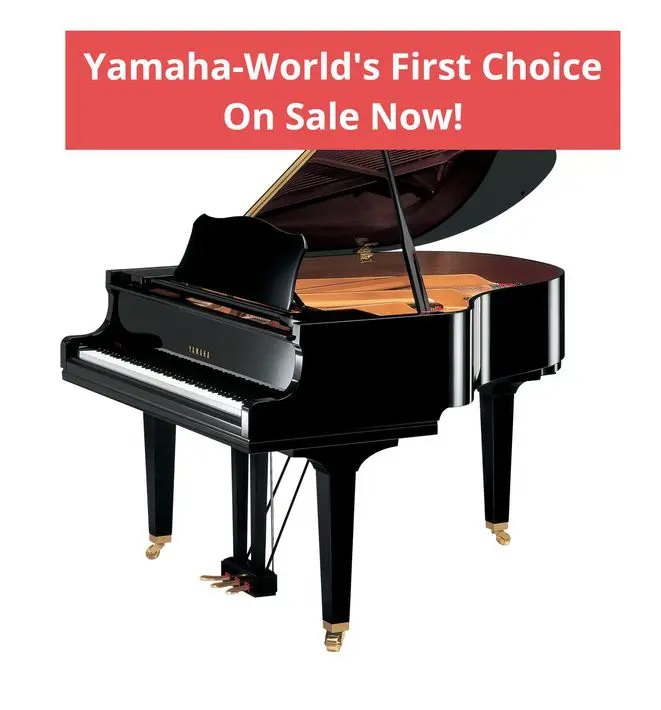 Black polished Yamaha GC1M grand piano; text: "Yamaha, world's first choice. On sale now!"