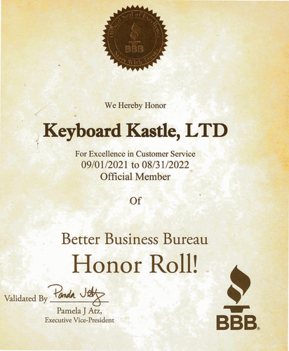 Better Business Bureau Honor Roll certificate for Keyboard Kastle, LTD, for excellence in customer service, 09/01/2021 to 08/31/2022
